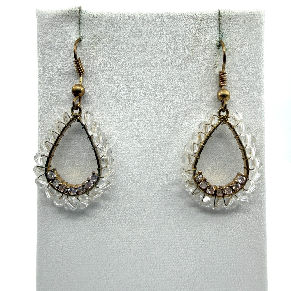 Artisan Crystal Teardrop Earrings Bronze Tone Wire Wrapped Statement Elegance